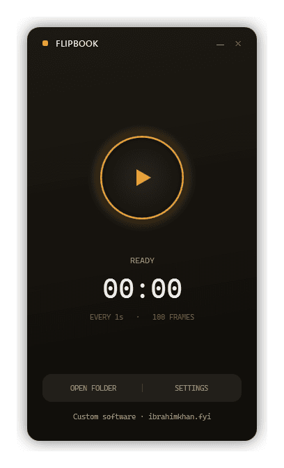 The Flipbook app window: a glowing Start dial reading READY, set to capture every 1 second for 100 frames, with Open folder and Settings controls.