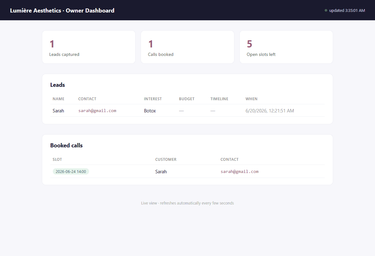 Owner dashboard showing a captured lead and a booked consultation